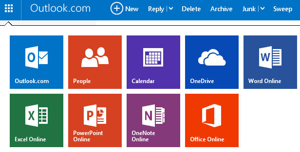 Outlook App Launcher - Screenshot of Outlook website www.outlook.com