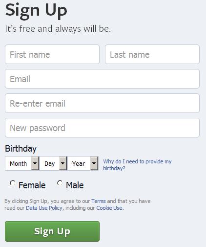 Facebook Sign Up - Screenshot of Facebook website www.facebook.com