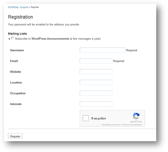 Wordpress login register