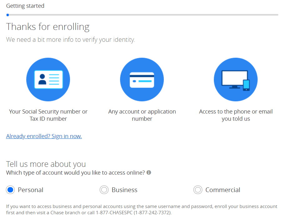 Chase Bank - Getting started screenshot form chase.com