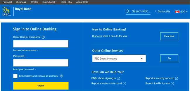 RBC Online Banking Login - Screenshot of RBC bank website www.rbcroyalbank.com RBC Online Banking Login