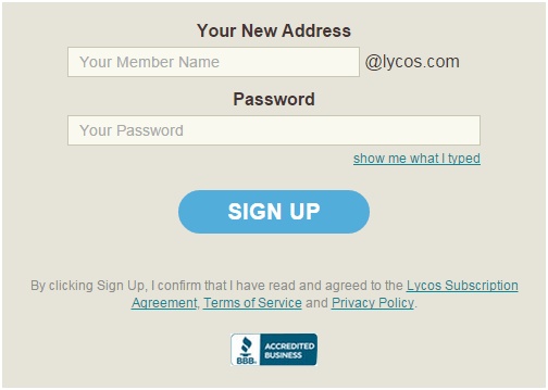 Sign Up Lycos Mail - Screenshot of Lycos mail website www.mail.lycos.com